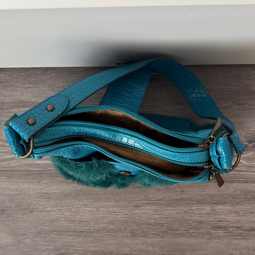 Teal Faux-Fur Shoulder Bag with Croc Texture - Picture 4 of 13